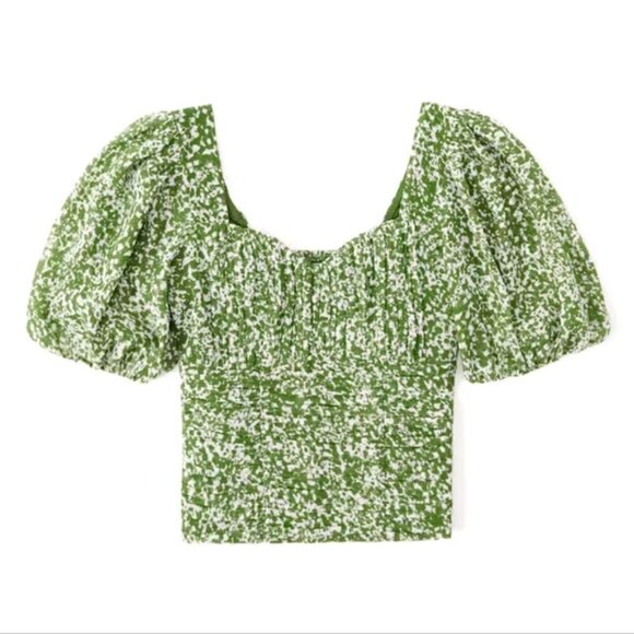 Abercrombie & Fitch Tops - Abercrombie & Fitch Ruched Puff Sleeve Sweetheart Top Green/White Size Medium